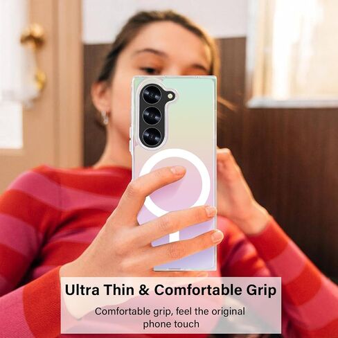 Omio Magnetic Iridescent Clear Case for Galaxy Z Flip 7 Compatible with MagSafe, [Built-in Small Screen Protector] Fluorescent Clear Crystal Laser Shockproof Cover for Women Girls, Clear Laser in Kuwait