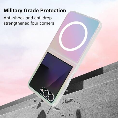 Omio Magnetic Iridescent Clear Case for Galaxy Z Flip 7 Compatible with MagSafe, [Built-in Small Screen Protector] Fluorescent Clear Crystal Laser Shockproof Cover for Women Girls, Clear Laser in Kuwait