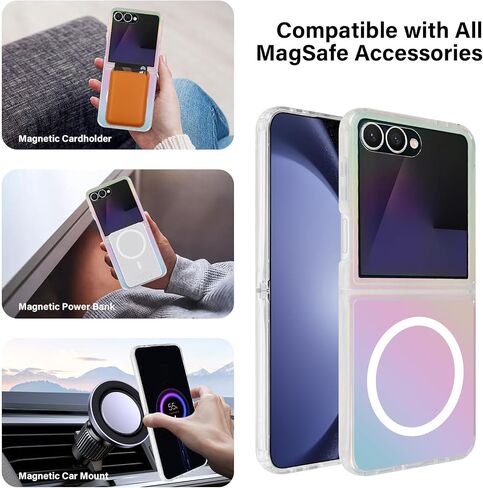 Omio Magnetic Iridescent Clear Case for Galaxy Z Flip 7 Compatible with MagSafe, [Built-in Small Screen Protector] Fluorescent Clear Crystal Laser Shockproof Cover for Women Girls, Clear Laser in Kuwait