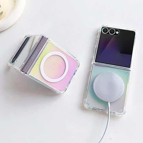 Omio Magnetic Iridescent Clear Case for Galaxy Z Flip 7 Compatible with MagSafe, [Built-in Small Screen Protector] Fluorescent Clear Crystal Laser Shockproof Cover for Women Girls, Clear Laser in Kuwait