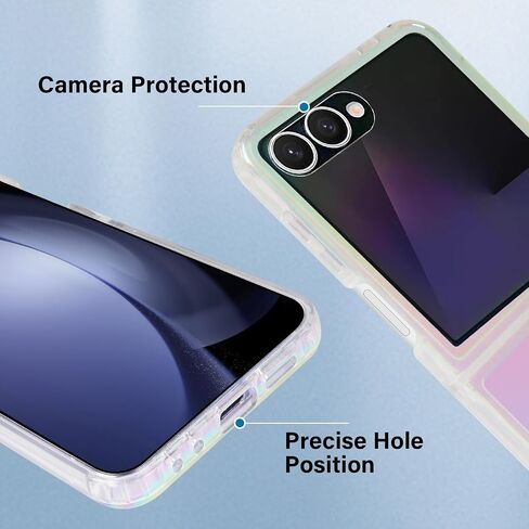 Omio Magnetic Iridescent Clear Case for Galaxy Z Flip 7 Compatible with MagSafe, [Built-in Small Screen Protector] Fluorescent Clear Crystal Laser Shockproof Cover for Women Girls, Clear Laser in Kuwait