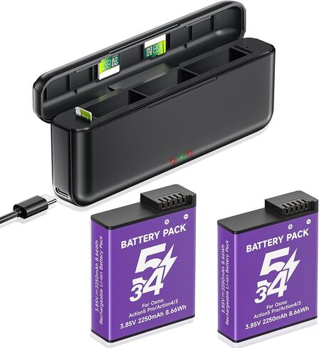 Palogreen Osmo Action Extreme Battery Plus 2-Pack (2250 MAH) توافق DJI Osmo 360 ، Osmo Action 5 Pro ، Osmo Action 4 ، Osmo Action 3 مع شاحن سريع ثلاثي القنوات in Kuwait