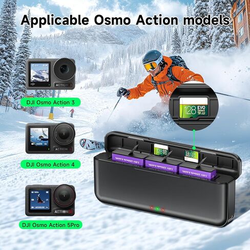 Palogreen Osmo Action Extreme Battery Plus 2-Pack (2250 MAH) توافق DJI Osmo 360 ، Osmo Action 5 Pro ، Osmo Action 4 ، Osmo Action 3 مع شاحن سريع ثلاثي القنوات in Kuwait