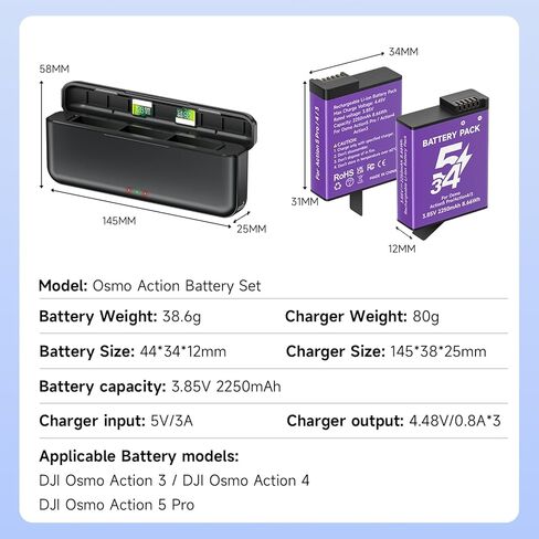 Palogreen Osmo Action Extreme Battery Plus 2-Pack (2250 MAH) توافق DJI Osmo 360 ، Osmo Action 5 Pro ، Osmo Action 4 ، Osmo Action 3 مع شاحن سريع ثلاثي القنوات in Kuwait