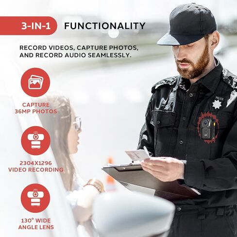 Pyle Police Security Video Body Camera | HD 2304 x 1296p Rechargeable Wireless Waterproof Wearable Law Enforcement Surveillance Camera | Includes Audio & Video Recording, Night Vision, Motion Detector in Saudi Arabia