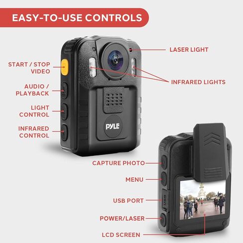 Pyle Police Security Video Body Camera | HD 2304 x 1296p Rechargeable Wireless Waterproof Wearable Law Enforcement Surveillance Camera | Includes Audio & Video Recording, Night Vision, Motion Detector in Saudi Arabia