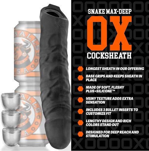 Oxballs - Snake Deep Reach - Cocksheath - Soft Plus+Silicone Sleeve with Veiny Texture and 3 Custom Fit Inserts - Realistic Extension Toy for Men’s Pleasure Tools and Couples - Black Ice in Saudi Arabia