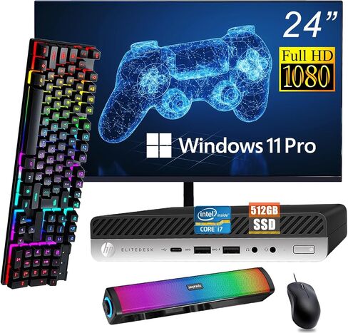 HP Elitedesk 800 G3 Mini PC Desktop مع شاشة الكمبيوتر FHD 24 "FHD ، Win 11 Pro ، RGB Speaker ، Core I7-6700 3.4 جيجا هرتز ، ذاكرة الوصول العشوائي 16 جيجا بايت ، 512 جيجابايت SSD ، لوحة المفاتيح ، الماوس ، كابل DP (متجدد) in Saudi Arabia