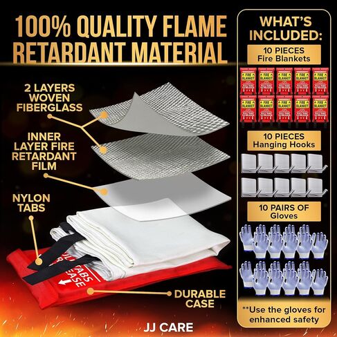 JJ CARE Fire Blanket – 7 Packs with Hooks and Gloves – Emergency Fire Blanket for Home & Kitchen, High Heat Resistant Fire Suppression Blankets for Home Safety, Kitchen, and Camping in Saudi Arabia
