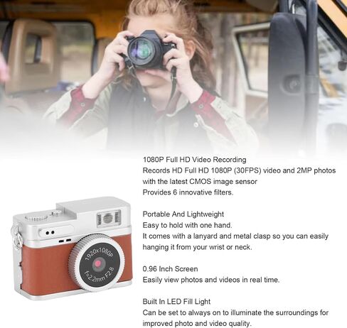 Retro Digital Camera, 160° Wide Angle 4 Filters for HD Recording, Pocket Keychain Cam Type C Charging, Loop Recording (Brown) in Saudi Arabia