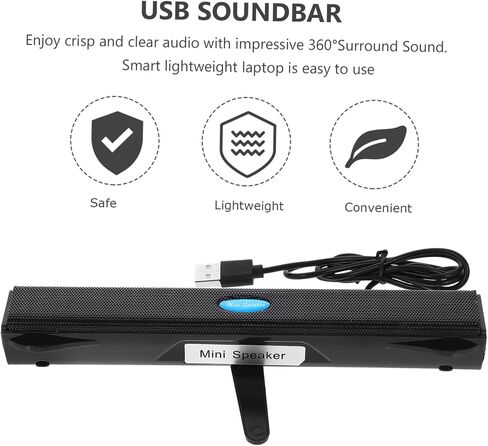 Artibetter USB Soundbar Speaker لأجهزة الكمبيوتر المحمولة وستيريو صغير مع تصميم خفيف الوزن للصوت المحيطي للألعاب واستخدام الوسائط المتعددة الأسود in Saudi Arabia
