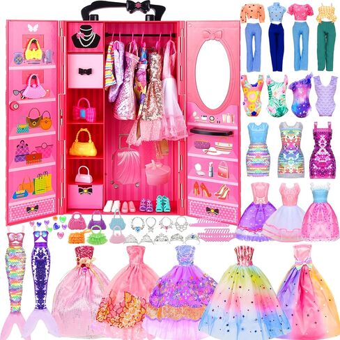 150 Pcs Doll Clothes and Accessories Playset with Dolls for Girls, Princess Gowns, Fashion Dresses, Swimsuits, Tops, Pants, Shoes, Bags Jewelrys in Closet for Doll Dress Up Fit for 11.5" Dolls in Kuwait