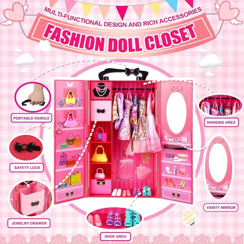 150 Pcs Doll Clothes and Accessories Playset with Dolls for Girls, Princess Gowns, Fashion Dresses, Swimsuits, Tops, Pants, Shoes, Bags Jewelrys in Closet for Doll Dress Up Fit for 11.5" Dolls in Kuwait