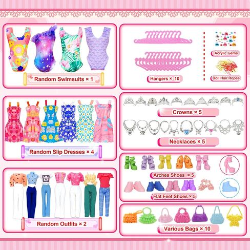 150 Pcs Doll Clothes and Accessories Playset with Dolls for Girls, Princess Gowns, Fashion Dresses, Swimsuits, Tops, Pants, Shoes, Bags Jewelrys in Closet for Doll Dress Up Fit for 11.5" Dolls in Kuwait