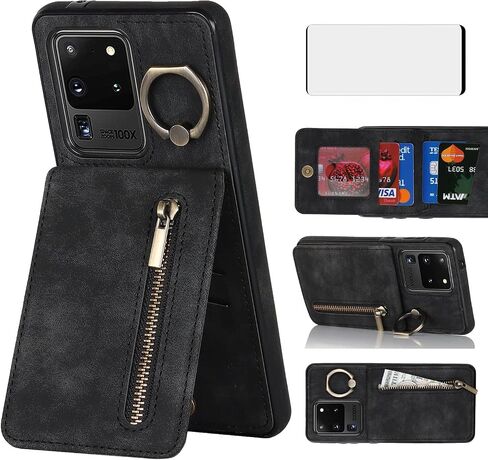 Asuwish Phone Case for Samsung Galaxy S20 Ultra 5G Wallet Wover مع واقي الشاشة وحامل بطاقة RFID RING RING LEATHERSESS S20ULTRA 20S S 20 A20 S2O 20ULTRA G5 نساء الرجال الأسود in Kuwait