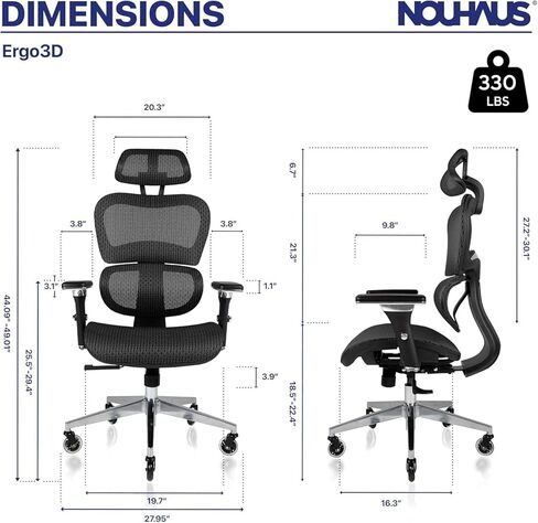 Nouhaus Ergo3D Ergonomic Office Chair Lumbar Support Mesh Office Chair with 4D Adjustable Armrest, Adjustable Headrest and Wheels, Mesh High Back Home Office Desk Chairs(Black) in Kuwait