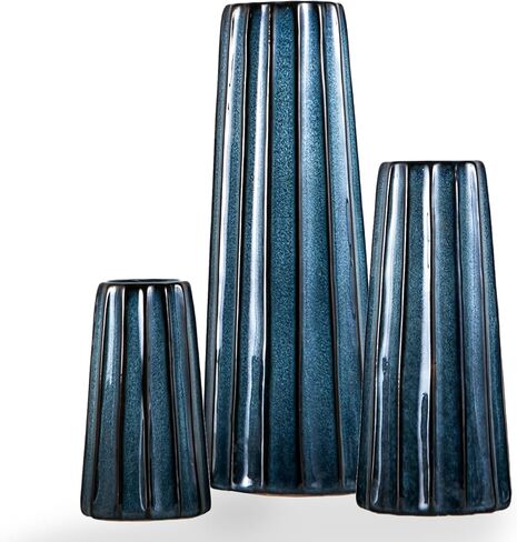 Blue Ceramic Vase Set 3, Modern Blue Vase, Farmhouse Decor, Rustic Decorative Vase for Fireplace, Entryway and Living Room, Centerpiece Table Decorations in Saudi Arabia