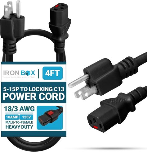 Ironbox Electric 5-15p إلى قفل C13 Power Rocks - 10A ، 125V ، 18/3 AWG - UL CABLES POWER CABLES - سلك التوصيل الثقيل وتوصيل الموصل للكمبيوتر ، الشاشة ، مركز البيانات والمزيد (4 أقدام ، أسود) in Kuwait