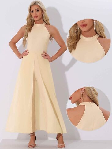 Allegra K Elegant Jumpsuit for Women's Summer Sleeveless Halter Neck Belted Wedding Chiffon Wide Leg Dressy Jumpsuits in Kuwait