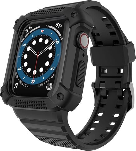Gelishi متوافق مع Apple Watch Band 45mm 44mm 42mm ، الرجال القضية الواقية الوعرة المصد مع فرقة رياضية العسكرية العسكرية لمراقبة سلسلة 8 7 6 SE 5 4 3 2 ، Black in Kuwait