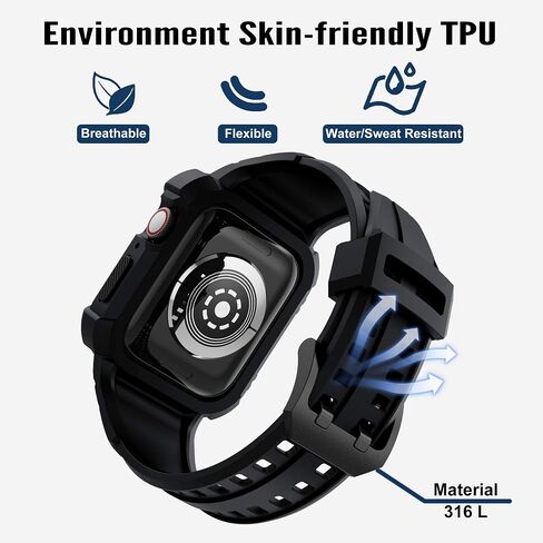 Gelishi متوافق مع Apple Watch Band 45mm 44mm 42mm ، الرجال القضية الواقية الوعرة المصد مع فرقة رياضية العسكرية العسكرية لمراقبة سلسلة 8 7 6 SE 5 4 3 2 ، Black in Kuwait