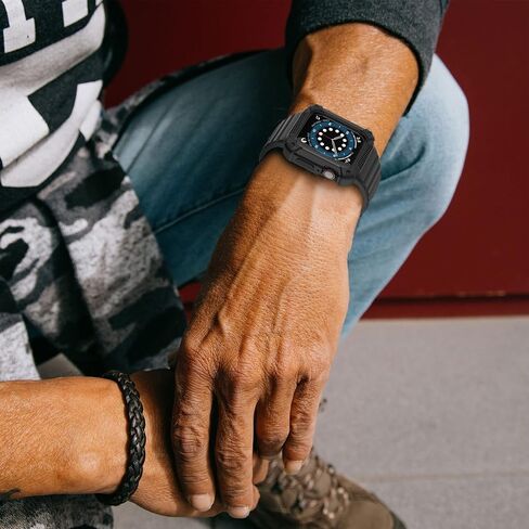 Gelishi متوافق مع Apple Watch Band 45mm 44mm 42mm ، الرجال القضية الواقية الوعرة المصد مع فرقة رياضية العسكرية العسكرية لمراقبة سلسلة 8 7 6 SE 5 4 3 2 ، Black in Kuwait