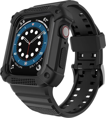 Gelishi متوافق مع Apple Watch Band 45mm 44mm 42mm ، الرجال القضية الواقية الوعرة المصد مع فرقة رياضية العسكرية العسكرية لمراقبة سلسلة 8 7 6 SE 5 4 3 2 ، Black in Kuwait