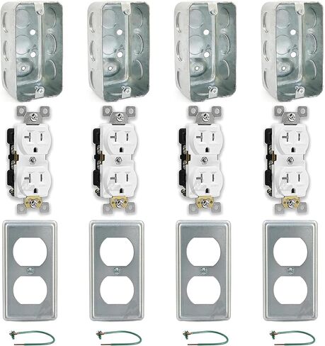 Outlet Box Kit, 2x4'' Utility Electrical Box, Tamper Resistant 20 Amp Duplex Receptacle Outlet, Duplex Receptacle 2x4'' Cover, Green Pigtail Grounding Wire and Screw, Ten 1/2'' Knockouts in Kuwait