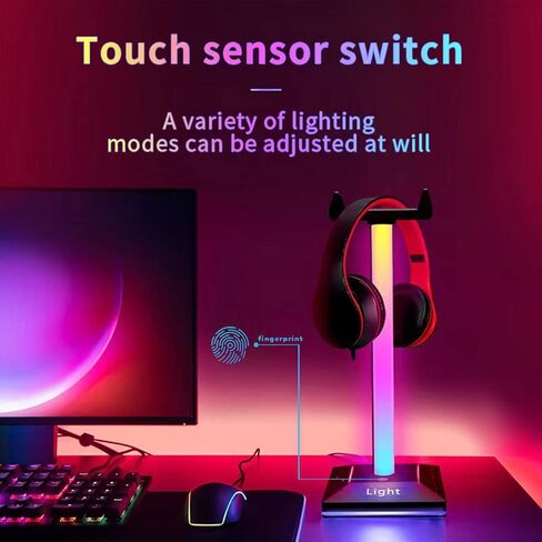 MOCIUN RGB Gaming Headphone Stand, Headset Gaming Headset Stand with Usb2.0 Hub and 3.5mm Port Audio T-ouch Control Led Strip Lamp Backlight Computer Desktop Display Holder USB Port (A) in Saudi Arabia
