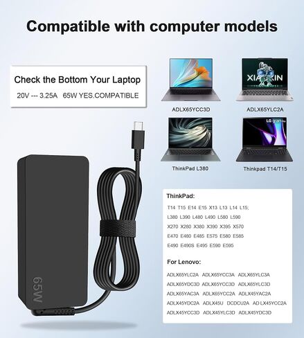 شاحن الكمبيوتر المحمول USB-C 65W لـ Lenovo ThinkPad T14 ، T15 ، T16 ، E14 ، E15 ، E480 ، E490 ، X1 Carbon ، X13 Yoga ، Type-C Chromebook Charger for Dell ، HP ، ASUS ، LG in Saudi Arabia