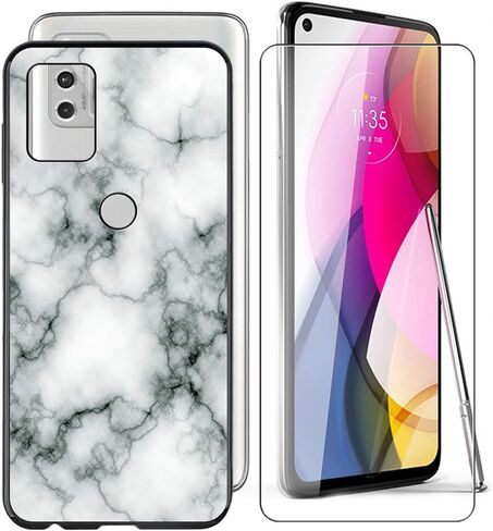 Case for Motorola Moto G Stylus 2021 (6.8"), with [ 1 x Tempered Glass Protective Film], KJYF Black Soft Silicone Protective Cover Bumper Shockproof Phone Case for Moto G Stylus 2021 - Marble in Saudi Arabia