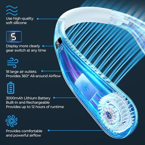 Portable Neck Fan 5 Gear Portable Leafless Digital Display Hanging Neck 2600mAh Large Capacity Rechargeable Fan 360° Cooling Wearable Mini Fan for Men Women Kids Home Office Travel Outdoor (White) in Saudi Arabia