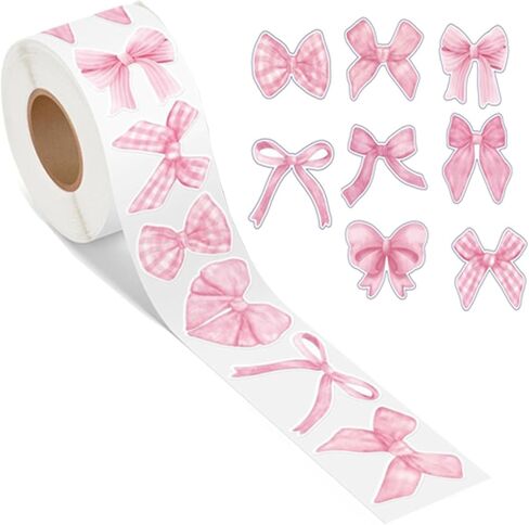 500PCS Pink Bows Sticker Roll Coquette Stickers Waterproof Watercolor Bowknot Stickers Girl Aesthetic Decal for Scrapbook Crafts Laptop Bottle Envelope Seal Card Gift Valentine Decor (Pink Bow) in Kuwait