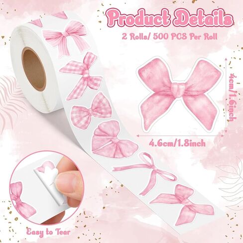 500PCS Pink Bows Sticker Roll Coquette Stickers Waterproof Watercolor Bowknot Stickers Girl Aesthetic Decal for Scrapbook Crafts Laptop Bottle Envelope Seal Card Gift Valentine Decor (Pink Bow) in Kuwait