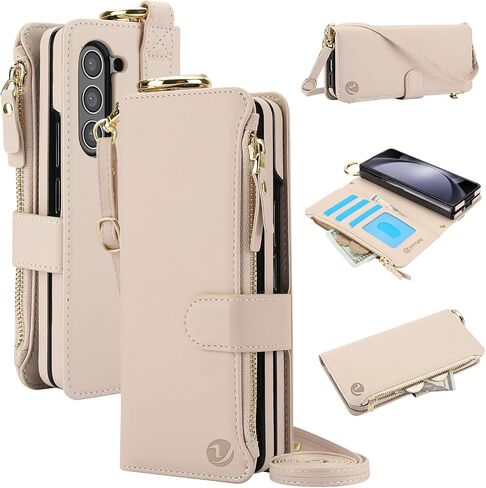 للحصول على محفظة Samsung Galaxy z 5 case مع حامل بطاقة حظر RFID وحزام معصم حزام الكتف ، حقيبة سوستة حلقة أنيقة متعددة الوظائف لـ Galaxy Z Fold 5 ، أبيض in Kuwait