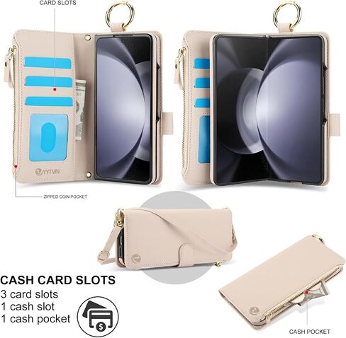 للحصول على محفظة Samsung Galaxy z 5 case مع حامل بطاقة حظر RFID وحزام معصم حزام الكتف ، حقيبة سوستة حلقة أنيقة متعددة الوظائف لـ Galaxy Z Fold 5 ، أبيض in Kuwait