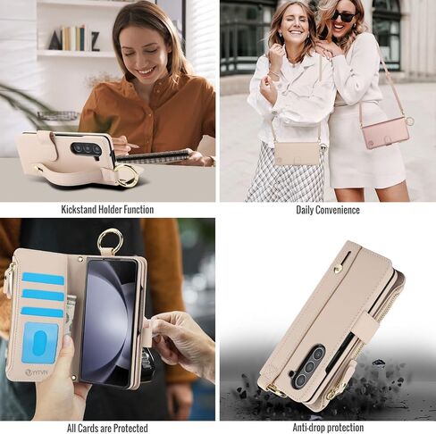للحصول على محفظة Samsung Galaxy z 5 case مع حامل بطاقة حظر RFID وحزام معصم حزام الكتف ، حقيبة سوستة حلقة أنيقة متعددة الوظائف لـ Galaxy Z Fold 5 ، أبيض in Kuwait