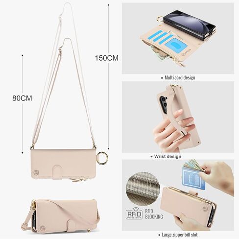 للحصول على محفظة Samsung Galaxy z 5 case مع حامل بطاقة حظر RFID وحزام معصم حزام الكتف ، حقيبة سوستة حلقة أنيقة متعددة الوظائف لـ Galaxy Z Fold 5 ، أبيض in Kuwait