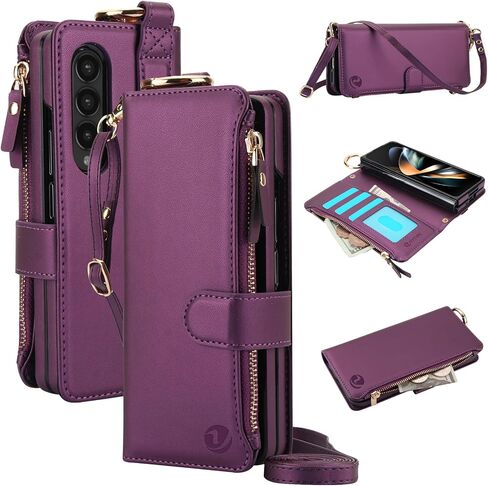 للحصول على محفظة Samsung Galaxy z 5 case مع حامل بطاقة حظر RFID وحزام معصم حزام الكتف ، حقيبة سوستة حلقة أنيقة متعددة الوظائف لـ Galaxy Z Fold 5 ، أبيض in Kuwait