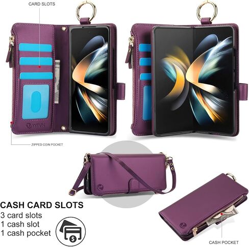 للحصول على محفظة Samsung Galaxy z 5 case مع حامل بطاقة حظر RFID وحزام معصم حزام الكتف ، حقيبة سوستة حلقة أنيقة متعددة الوظائف لـ Galaxy Z Fold 5 ، أبيض in Kuwait