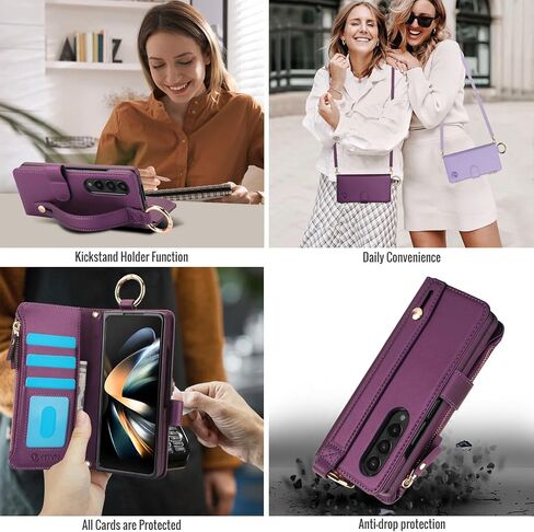للحصول على محفظة Samsung Galaxy z 5 case مع حامل بطاقة حظر RFID وحزام معصم حزام الكتف ، حقيبة سوستة حلقة أنيقة متعددة الوظائف لـ Galaxy Z Fold 5 ، أبيض in Kuwait