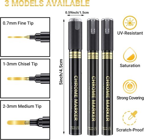 3Pcs Silver Liquid Mirror Chrome Markers, Permanent Reflective Liquid Chrome Paint Pens Set, High Gloss Art Car DIY Model Repair Markers Set for Plastic Metal Glass Ceramic - 0.7mm,1mm & 3mm in Saudi Arabia