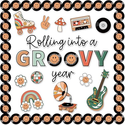 57Pcs Retro Groovy Bulletin Board Decoration Kit Rainbow Flower School Bus Guitar CD Cutout Colorful Happy Face Border Trim for Classroom Office Home Decor in Saudi Arabia