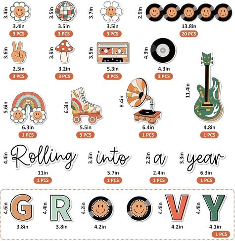57Pcs Retro Groovy Bulletin Board Decoration Kit Rainbow Flower School Bus Guitar CD Cutout Colorful Happy Face Border Trim for Classroom Office Home Decor in Saudi Arabia