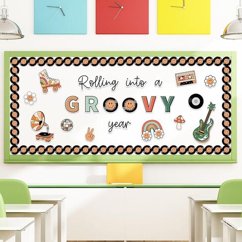 57Pcs Retro Groovy Bulletin Board Decoration Kit Rainbow Flower School Bus Guitar CD Cutout Colorful Happy Face Border Trim for Classroom Office Home Decor in Saudi Arabia