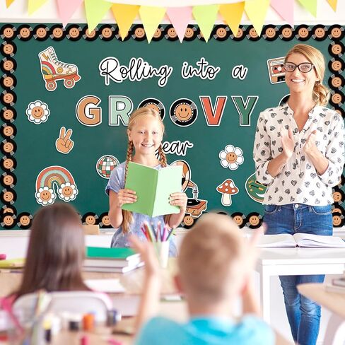 57Pcs Retro Groovy Bulletin Board Decoration Kit Rainbow Flower School Bus Guitar CD Cutout Colorful Happy Face Border Trim for Classroom Office Home Decor in Saudi Arabia