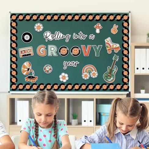 57Pcs Retro Groovy Bulletin Board Decoration Kit Rainbow Flower School Bus Guitar CD Cutout Colorful Happy Face Border Trim for Classroom Office Home Decor in Saudi Arabia
