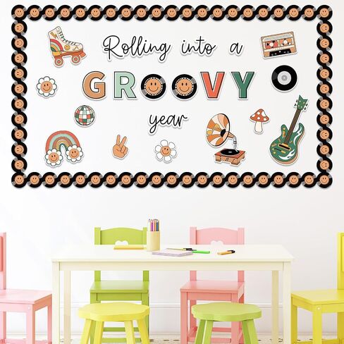 57Pcs Retro Groovy Bulletin Board Decoration Kit Rainbow Flower School Bus Guitar CD Cutout Colorful Happy Face Border Trim for Classroom Office Home Decor in Saudi Arabia