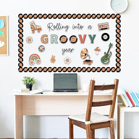 57Pcs Retro Groovy Bulletin Board Decoration Kit Rainbow Flower School Bus Guitar CD Cutout Colorful Happy Face Border Trim for Classroom Office Home Decor in Saudi Arabia