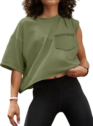 تي شيرت نسائي كبير الحجم من ATHMILE بأكمام قصيرة تي شيرت قصير للتمرين بكتف منسدل غير رسمي بحاشية دوارة أساسية فضفاضة in Kuwait